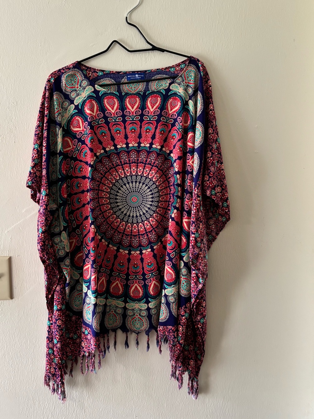 Boho Mandala poncho in Navy and Coral by